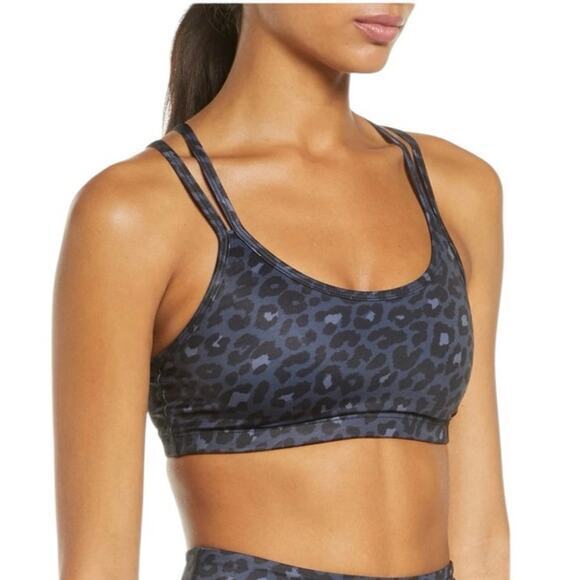 NWOT Beyond Yoga Women Large Lux Atlas Bra Shimmery Navy Blue Black Animal Print - Picture 1 of 8